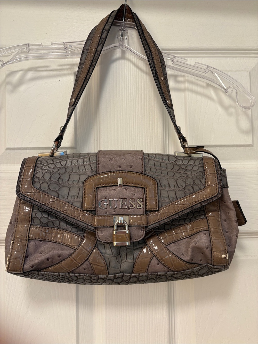 GUESS Brown Croc-Embossed Shoulder Bag with Buckle Detail